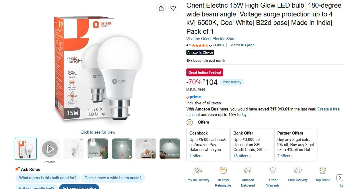 Orient Electric 15W High Glow LED bulb
